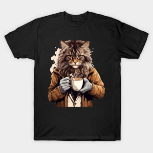 Maine Coon Cat Drinking Coffee T-Shirt